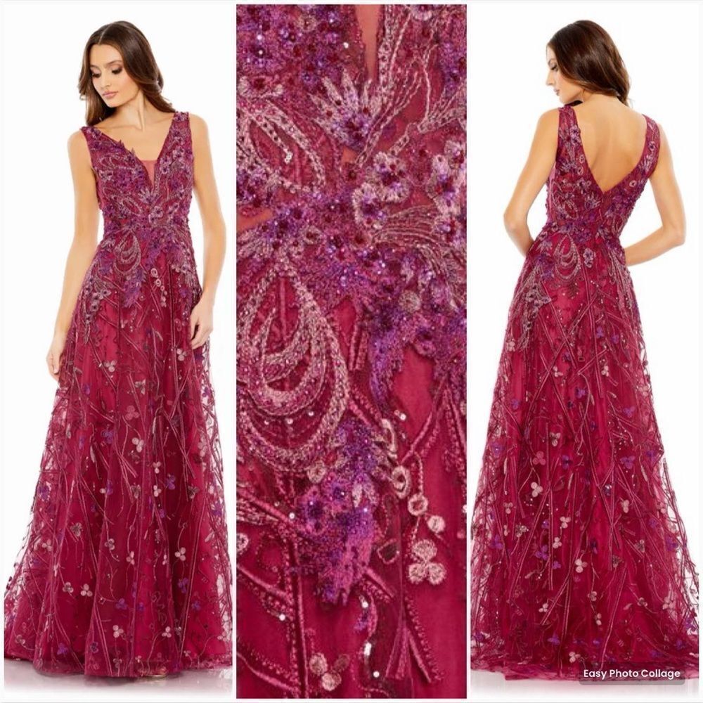 Mac Duggal Size 16 Red Purple Embroidered Sleeveless Plunge Neck Maxi Dress Gown